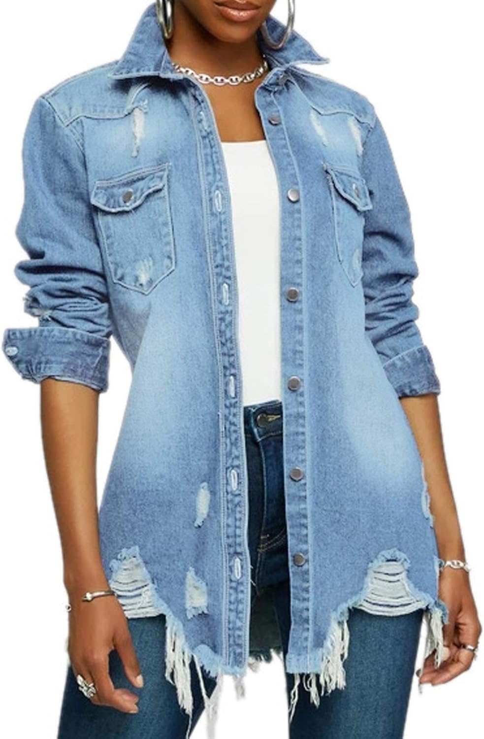 LaiyiVic Denim Jacket for Women Long Sleeve Classic Distressed Trucker Jean Jackets - Image 10