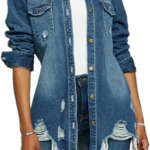 LaiyiVic Denim Jacket for Women Long Sleeve Classic Distressed Trucker Jean Jackets