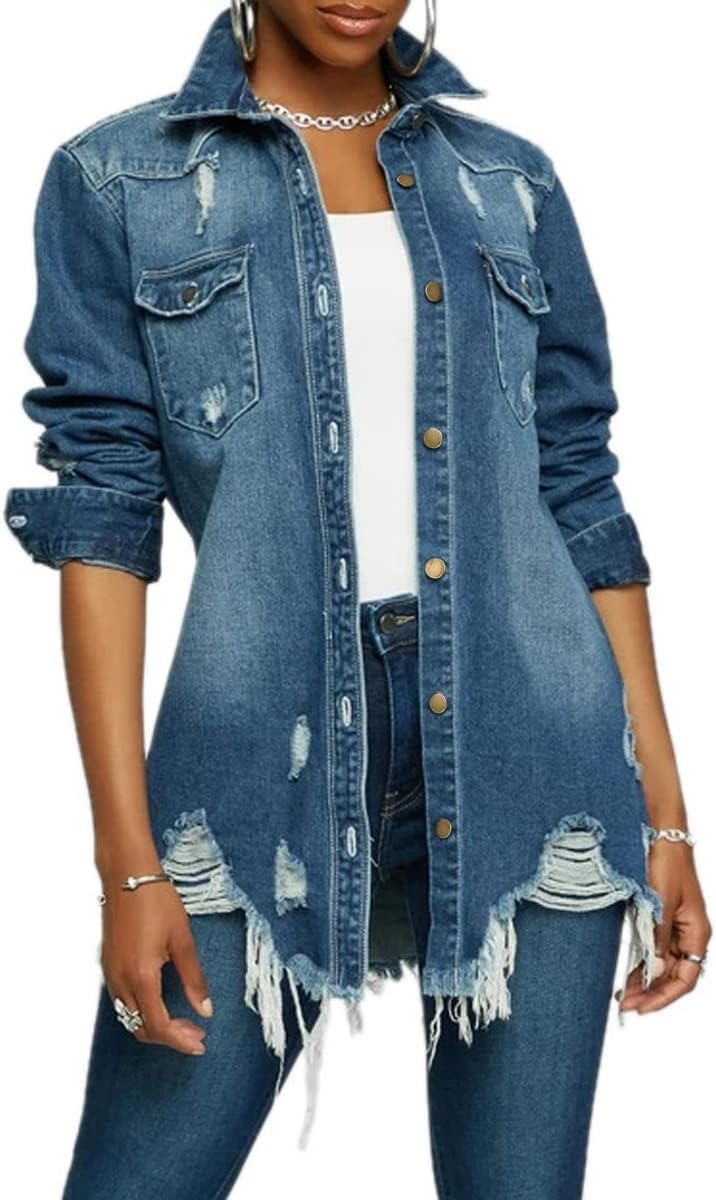 LaiyiVic Denim Jacket for Women Long Sleeve Classic Distressed Trucker Jean Jackets