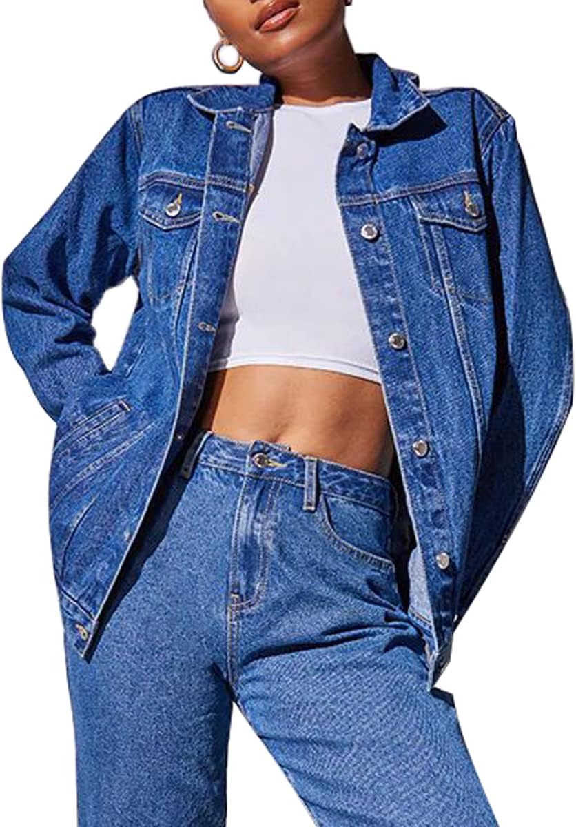 LaiyiVic Denim Jacket for Women Long Sleeve Classic Distressed Trucker Jean Jackets - Image 6