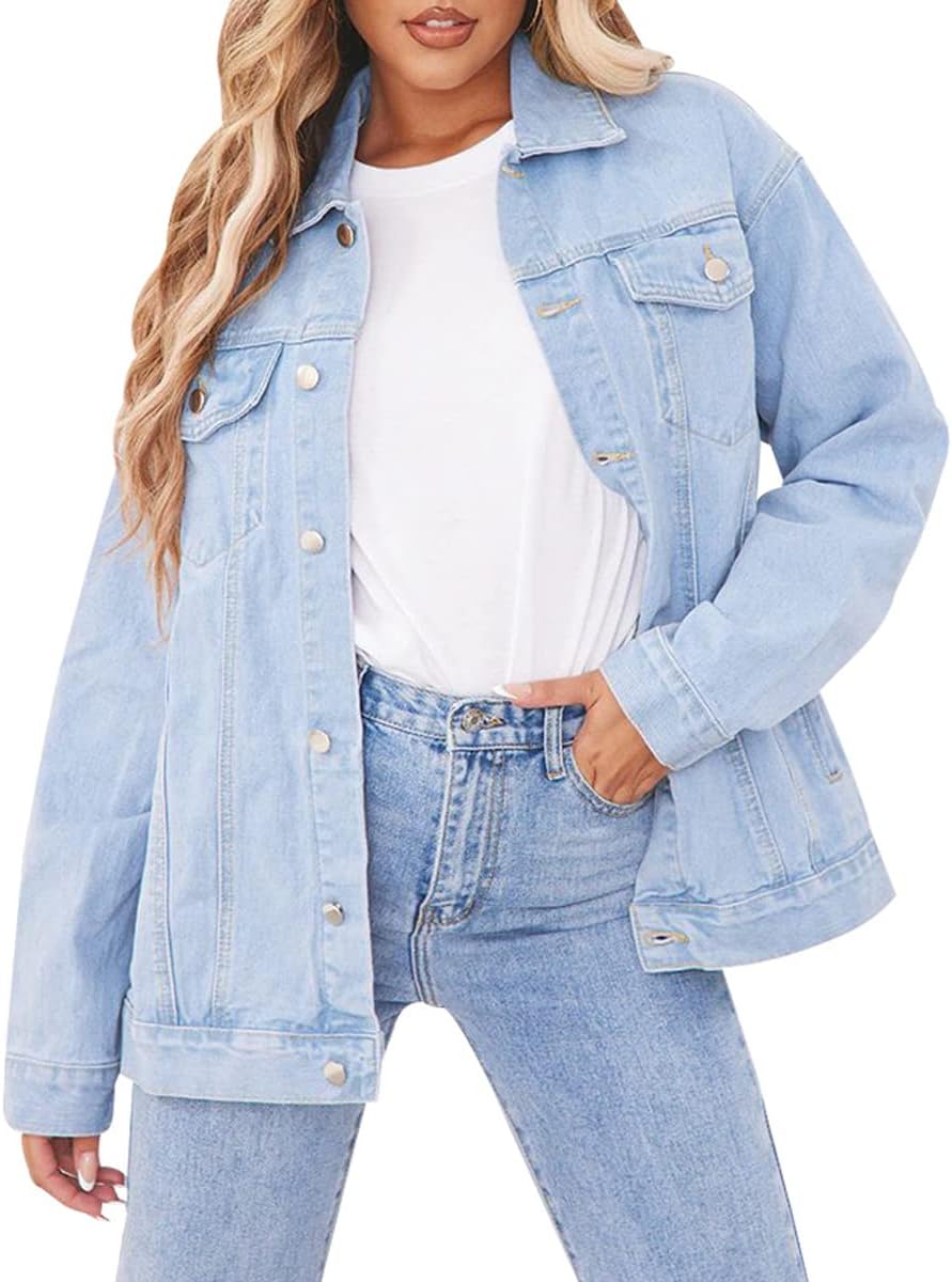 LaiyiVic Denim Jacket for Women Long Sleeve Classic Distressed Trucker Jean Jackets - Image 17