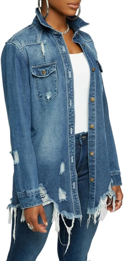 LaiyiVic Denim Jacket for Women Long Sleeve Classic Distressed Trucker Jean Jackets - Image 3