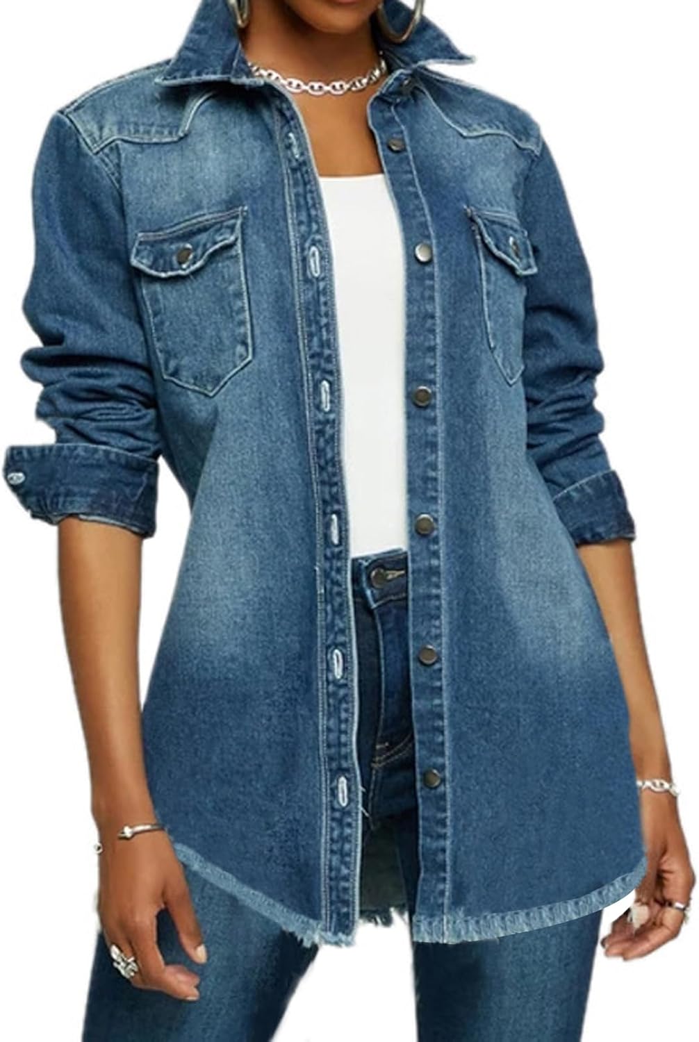LaiyiVic Denim Jacket for Women Long Sleeve Classic Distressed Trucker Jean Jackets - Image 9
