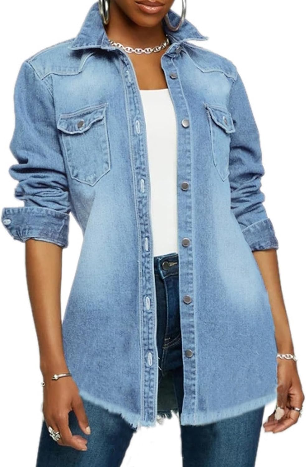 LaiyiVic Denim Jacket for Women Long Sleeve Classic Distressed Trucker Jean Jackets - Image 13