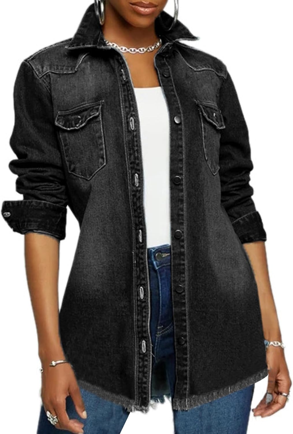 LaiyiVic Denim Jacket for Women Long Sleeve Classic Distressed Trucker Jean Jackets - Image 15