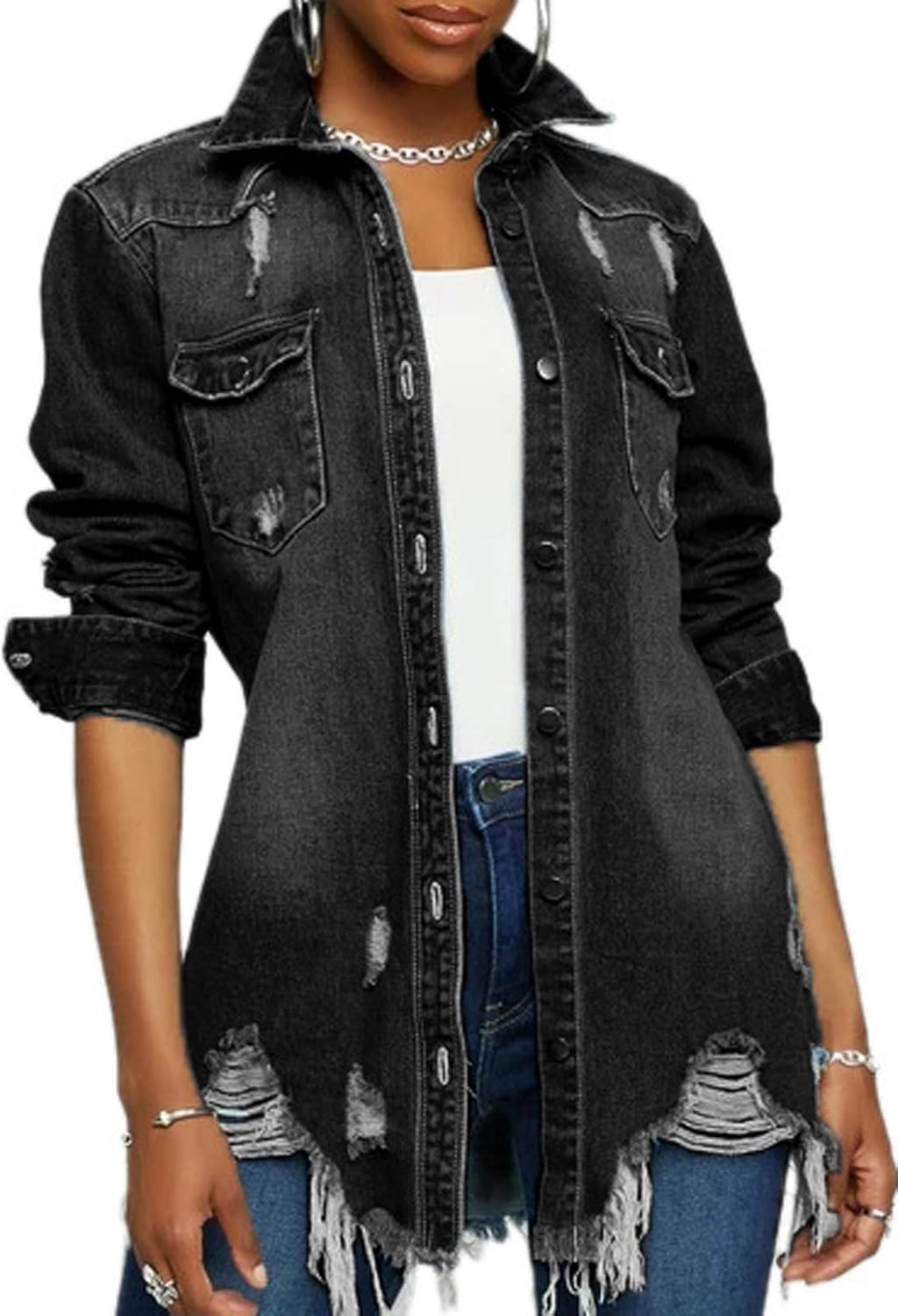 LaiyiVic Denim Jacket for Women Long Sleeve Classic Distressed Trucker Jean Jackets - Image 16