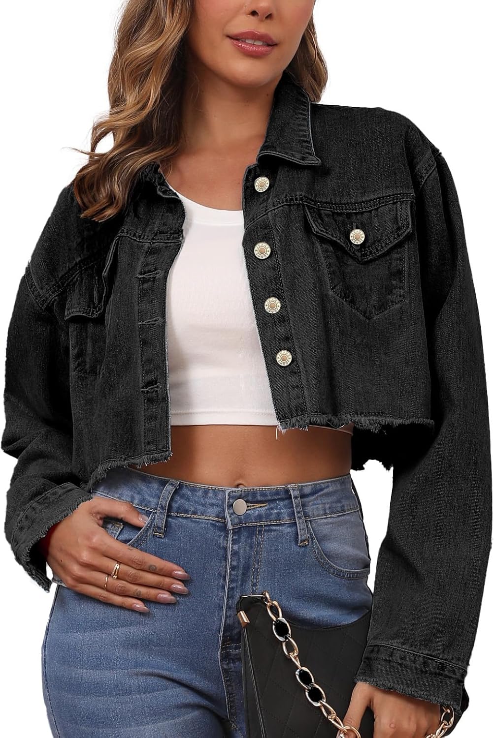 LaiyiVic Denim Jacket for Women Long Sleeve Classic Distressed Trucker Jean Jackets - Image 14