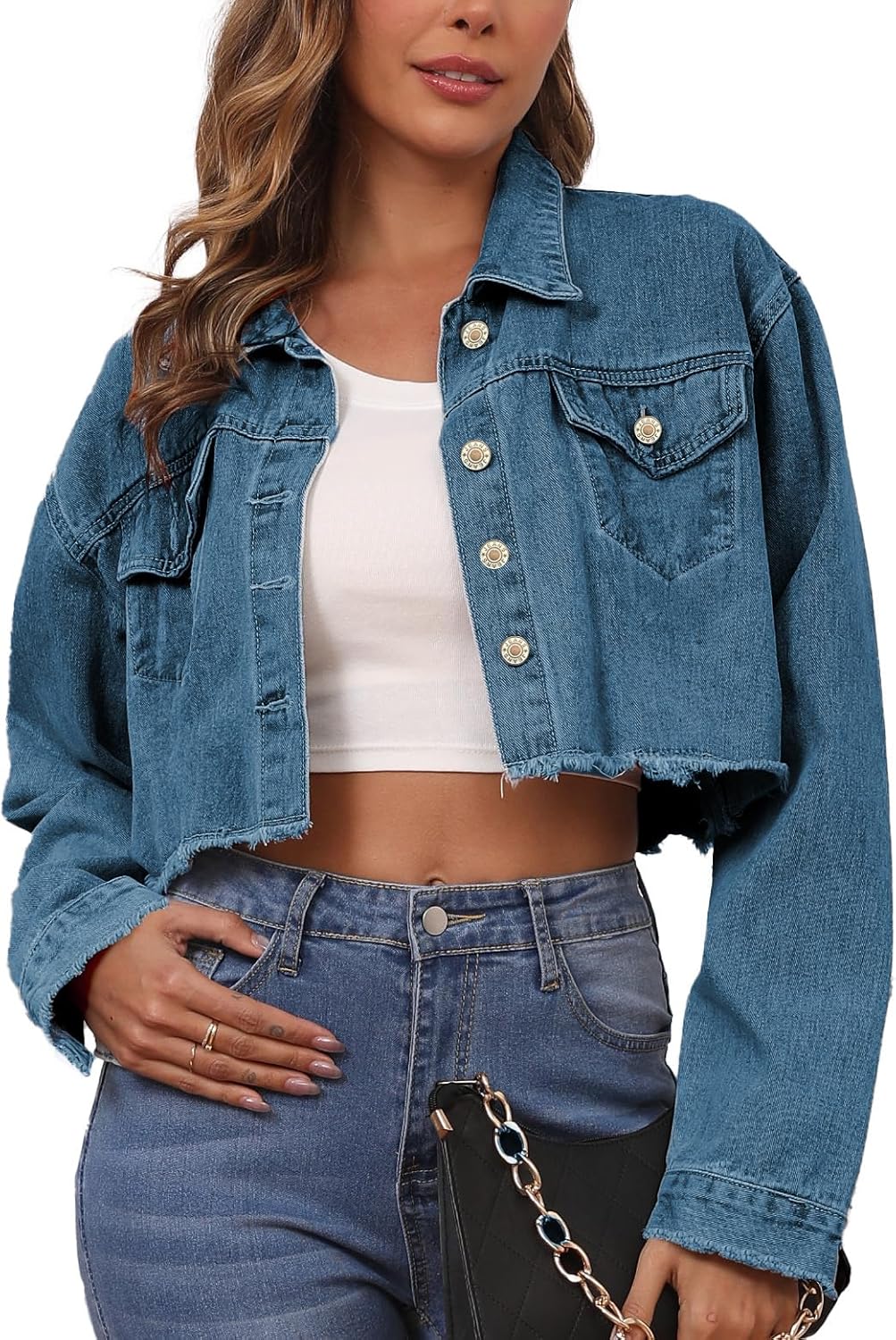 LaiyiVic Denim Jacket for Women Long Sleeve Classic Distressed Trucker Jean Jackets - Image 8