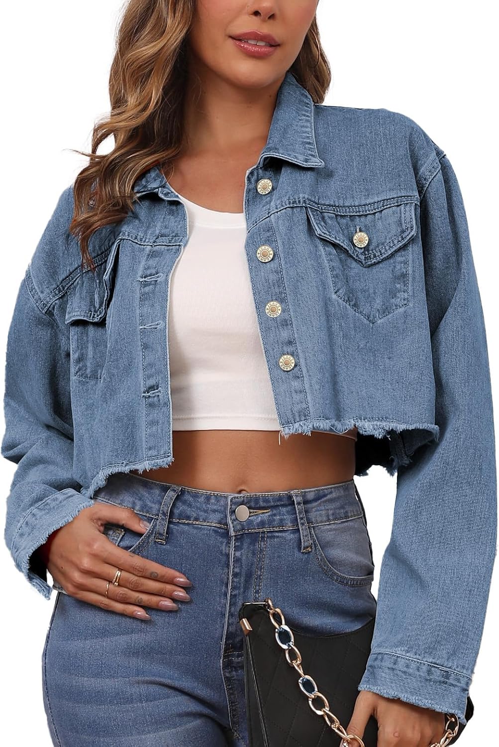 LaiyiVic Denim Jacket for Women Long Sleeve Classic Distressed Trucker Jean Jackets - Image 11