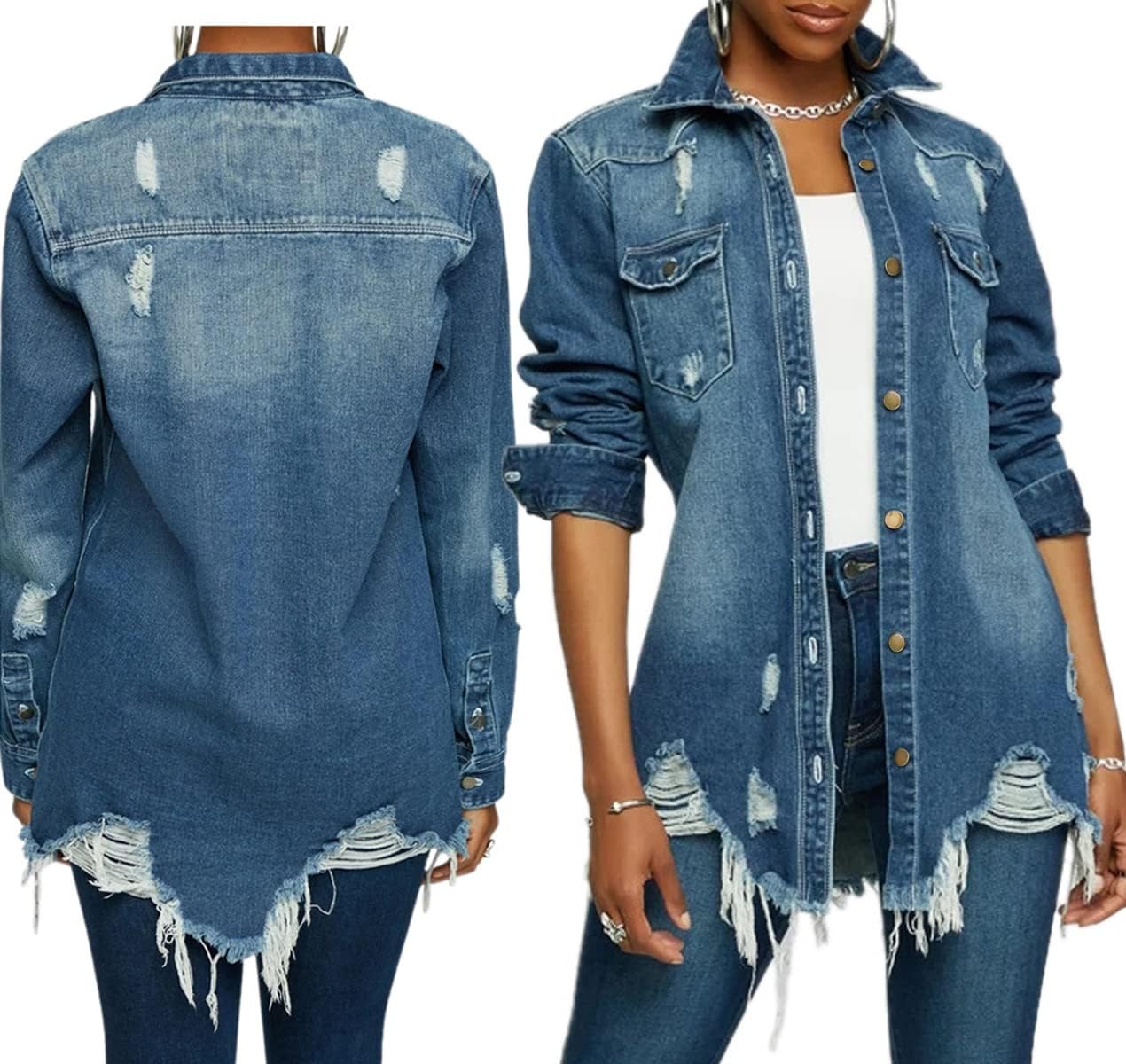LaiyiVic Denim Jacket for Women Long Sleeve Classic Distressed Trucker Jean Jackets - Image 5