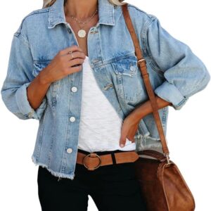 LAVIQK Women's Jean Denim Jacket Classic Trucker Shacket Button Up Frayed Cropped Loose Coats