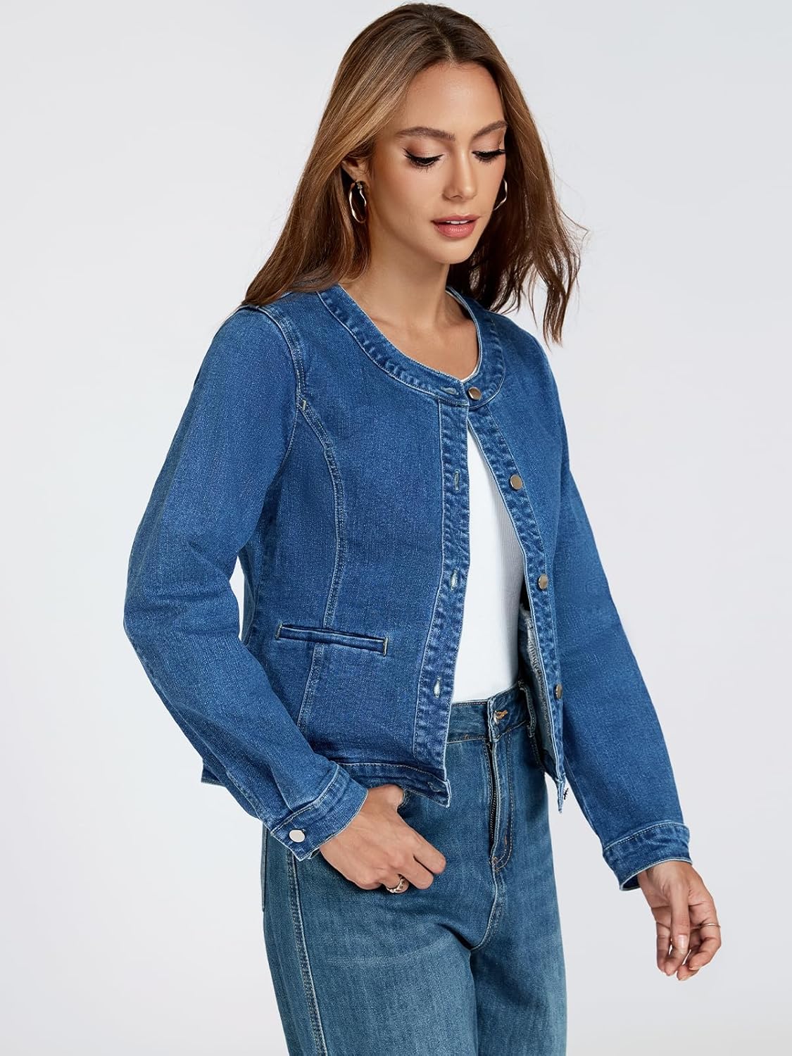 LifeShe Cropped Denim Jacket for Women Stretch Collarless Jean Jackets Slim Fall Crop Shacket Tendy - Image 6