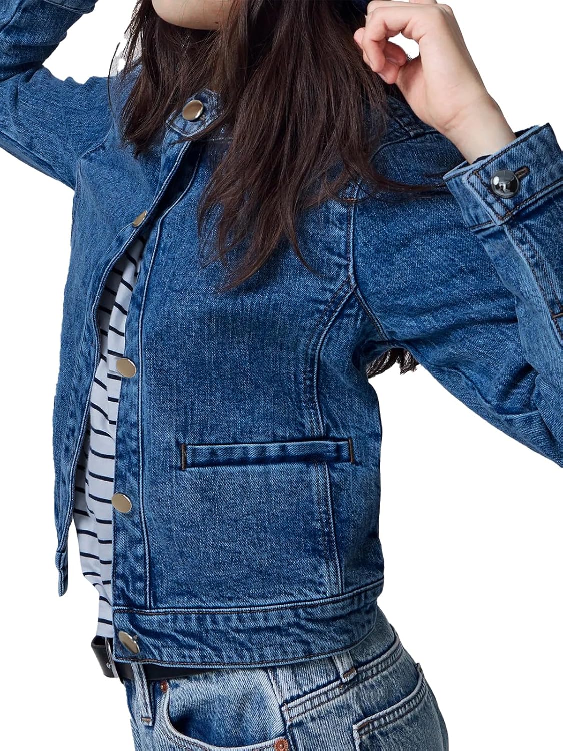 LifeShe Cropped Denim Jacket for Women Stretch Collarless Jean Jackets Slim Fall Crop Shacket Tendy - Image 2
