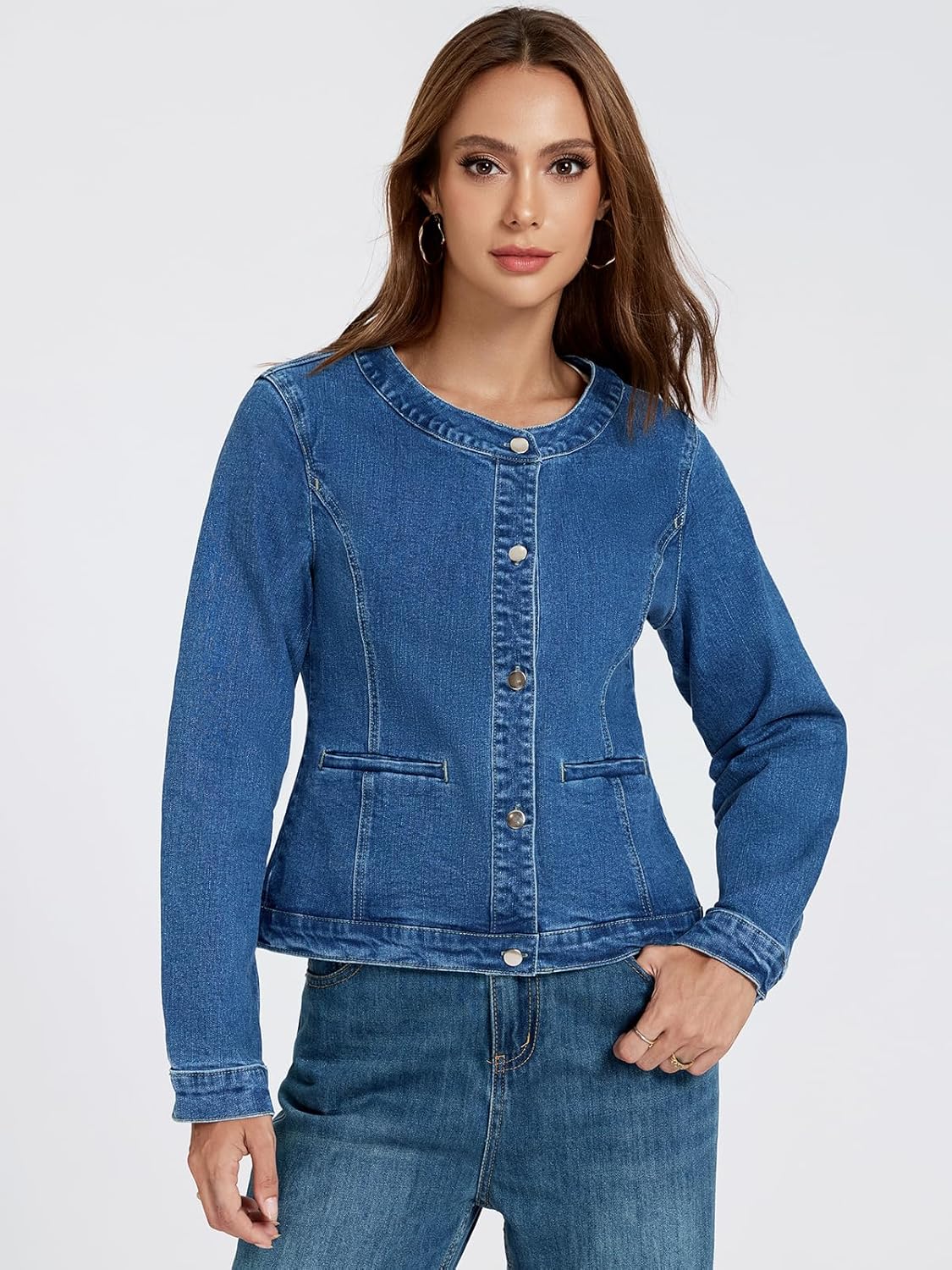 LifeShe Cropped Denim Jacket for Women Stretch Collarless Jean Jackets Slim Fall Crop Shacket Tendy - Image 5