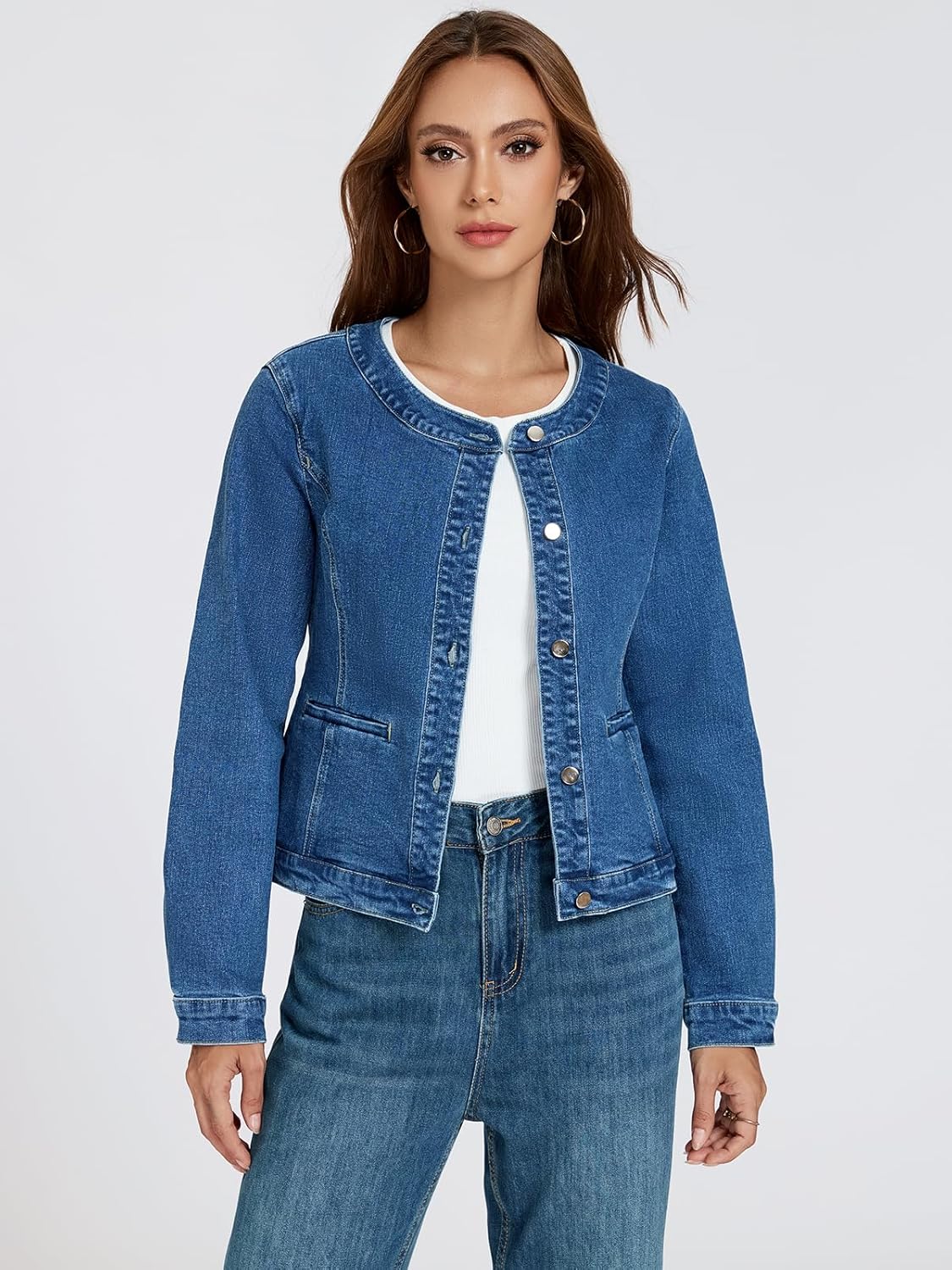 LifeShe Cropped Denim Jacket for Women Stretch Collarless Jean Jackets Slim Fall Crop Shacket Tendy - Image 4
