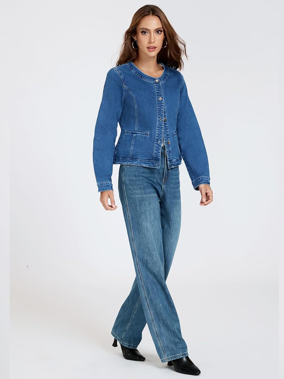 LifeShe Cropped Denim Jacket for Women Stretch Collarless Jean Jackets Slim Fall Crop Shacket Tendy - Image 7