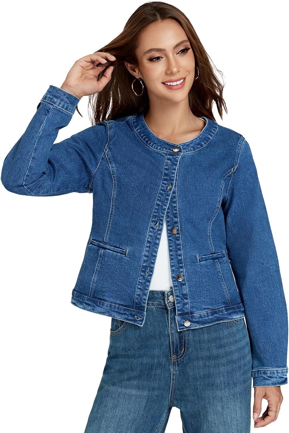 LifeShe Cropped Denim Jacket for Women Stretch Collarless Jean Jackets Slim Fall Crop Shacket Tendy