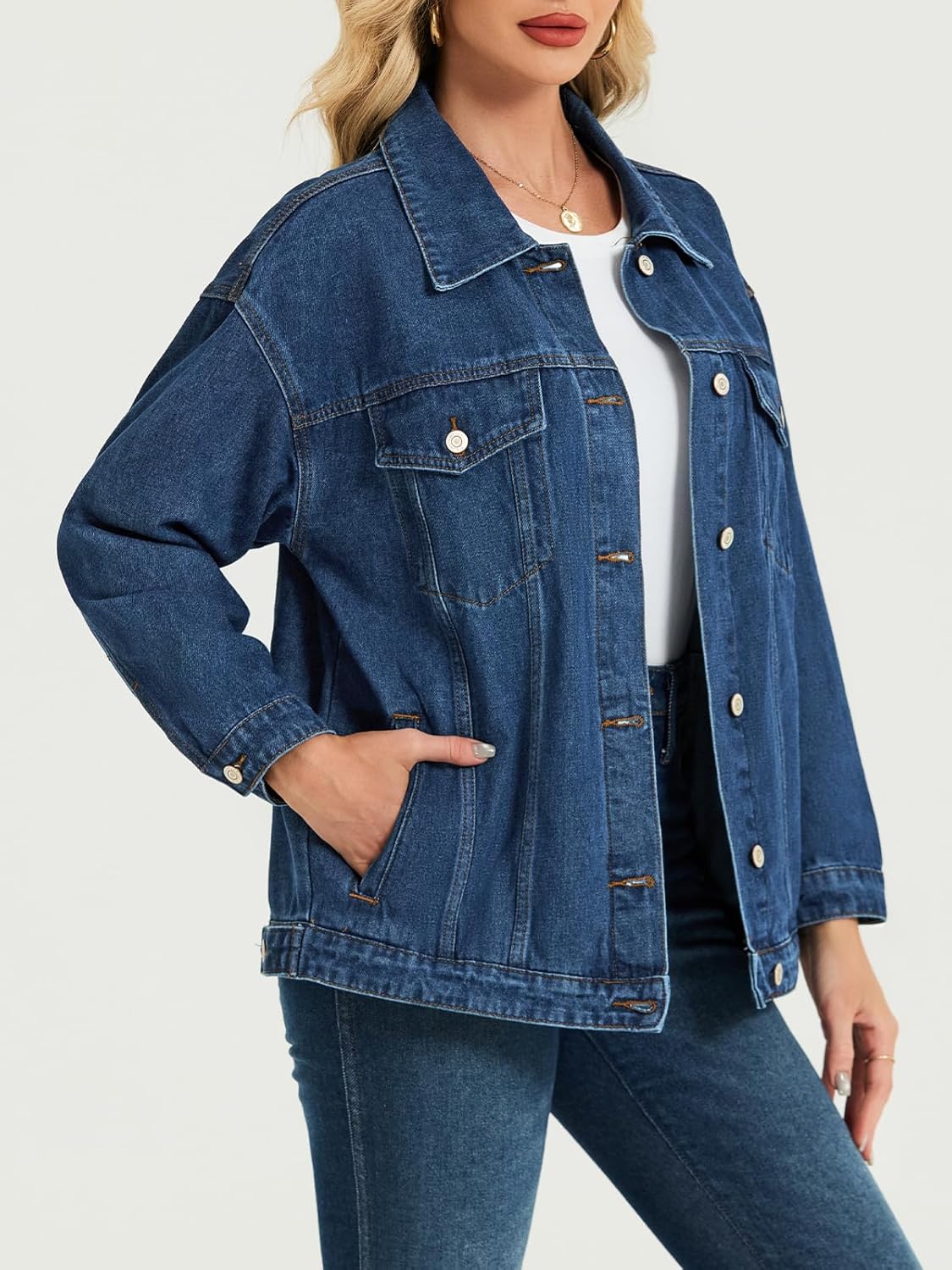 LifeShe Oversized Jean Jacket for Women Trendy Fall Boyfriend Denim Jackets Loose Shacket Coats 2025 - Image 3