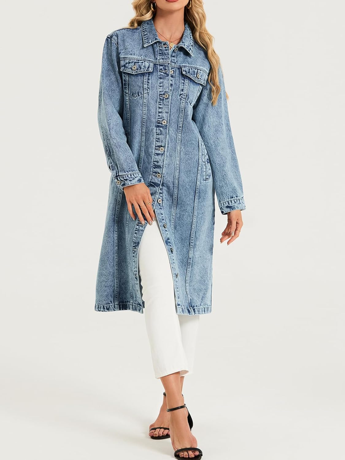 LifeShe Women Denim Jacket Button Down Maxi Long Jean Trench Coat With Pocket - Image 5