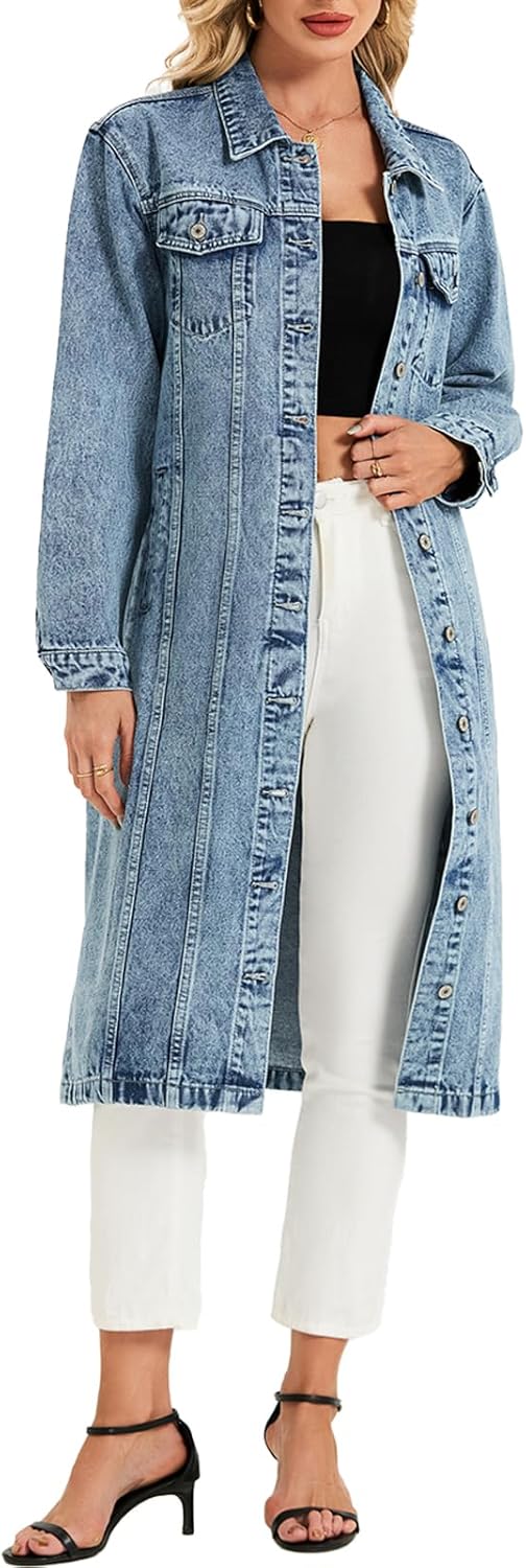 LifeShe Women Denim Jacket Button Down Maxi Long Jean Trench Coat With Pocket - Image 2