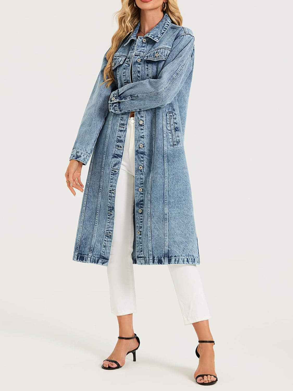 LifeShe Women Denim Jacket Button Down Maxi Long Jean Trench Coat With Pocket - Image 3