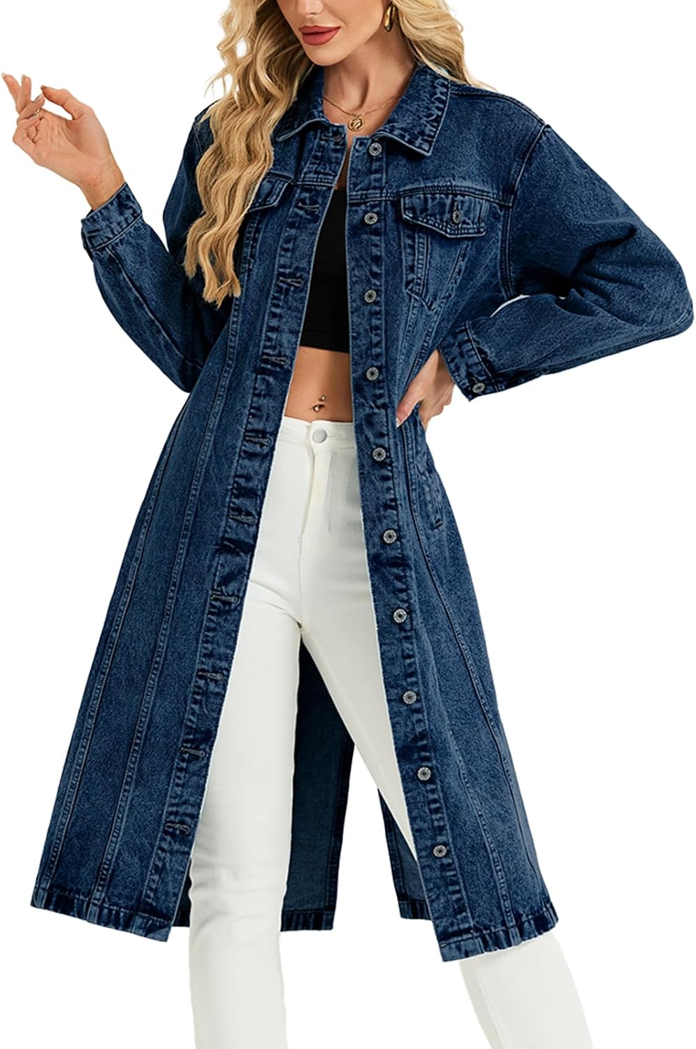 LifeShe Women Denim Jacket Button Down Maxi Long Jean Trench Coat With Pocket - Image 7