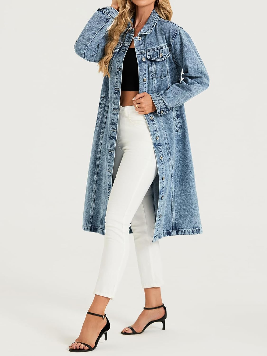 LifeShe Women Denim Jacket Button Down Maxi Long Jean Trench Coat With Pocket - Image 4