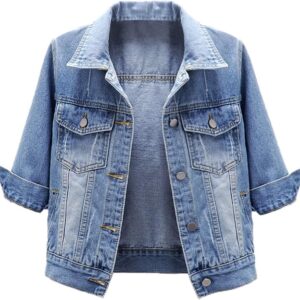 LifeShe Women's 3\/4 Sleeve Short Denim Jacket Light Cropped Jean Jackets Coats