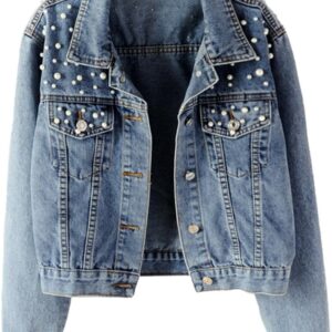 LifeShe Women's Embroidered Pearl Denim Jean Jacket Coat