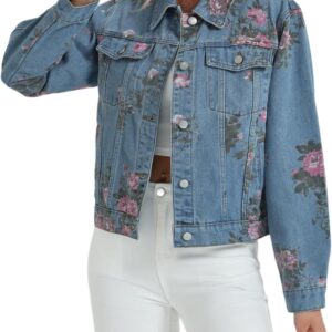 LifeShe Women's Jean Jacket Floral Button Up Cropped Denim Jackets Western Outfit With Pockets