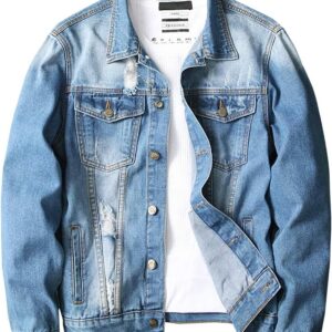 LONGBIDA Men's Jean Jacket Ripped Distressed Denim Trucker Coat with Holes