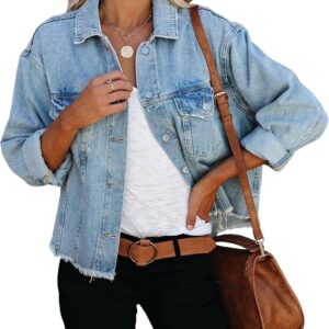 LONGBIDA Women's Jean Jacket Frayed Washed Button Up Cropped Denim Jacket With Pockets