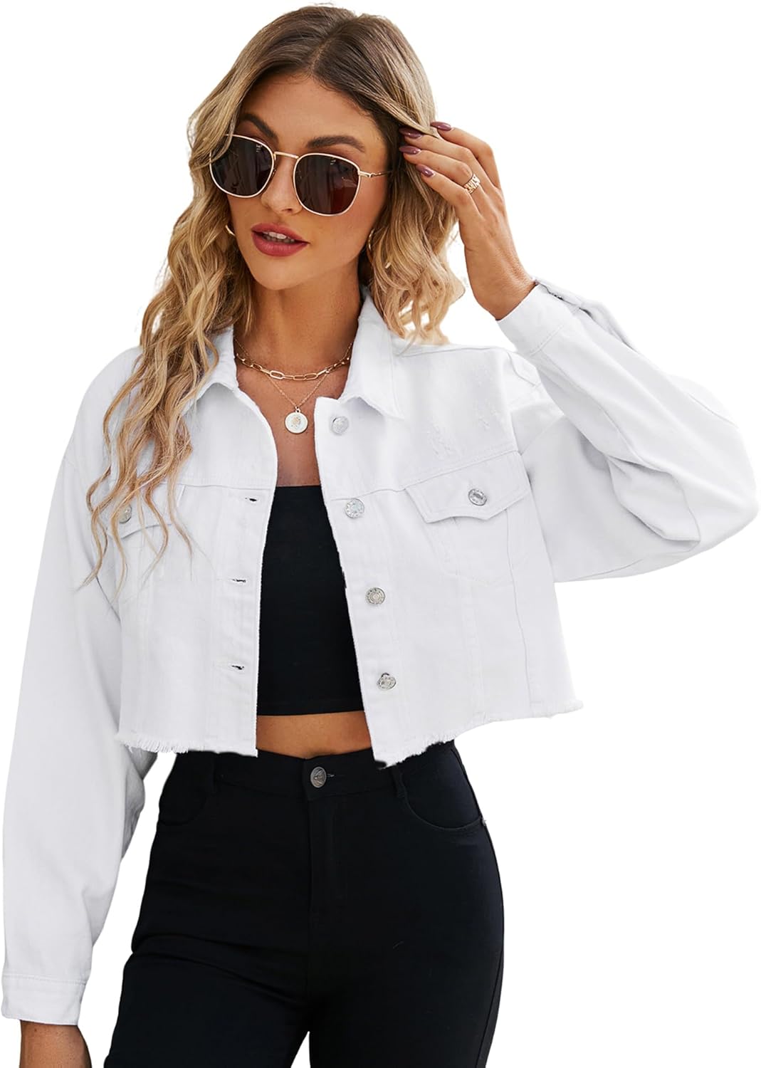 LONGYIDA Women's Cropped Denim Jacket | Distressed Button-Down Jean Jacket | Long Sleeve Ripped & Frayed Blue Coat - Image 10