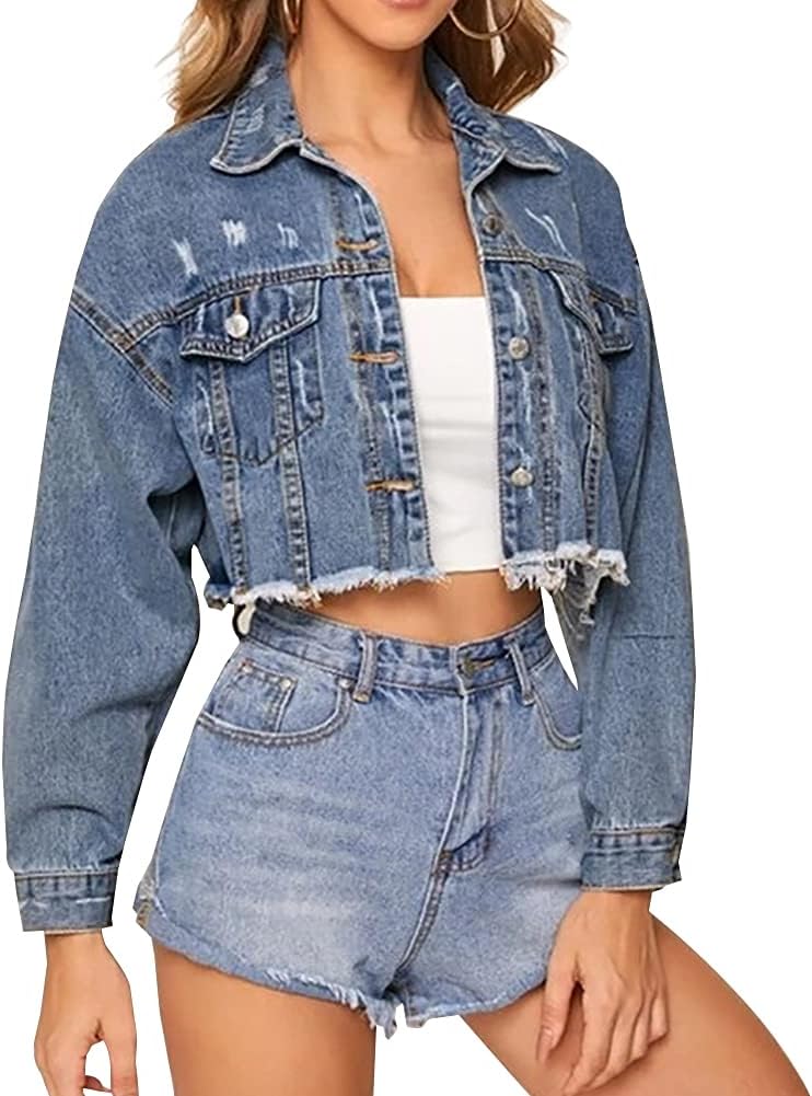 LONGYIDA Women's Cropped Denim Jacket | Distressed Button-Down Jean Jacket | Long Sleeve Ripped & Frayed Blue Coat - Image 13