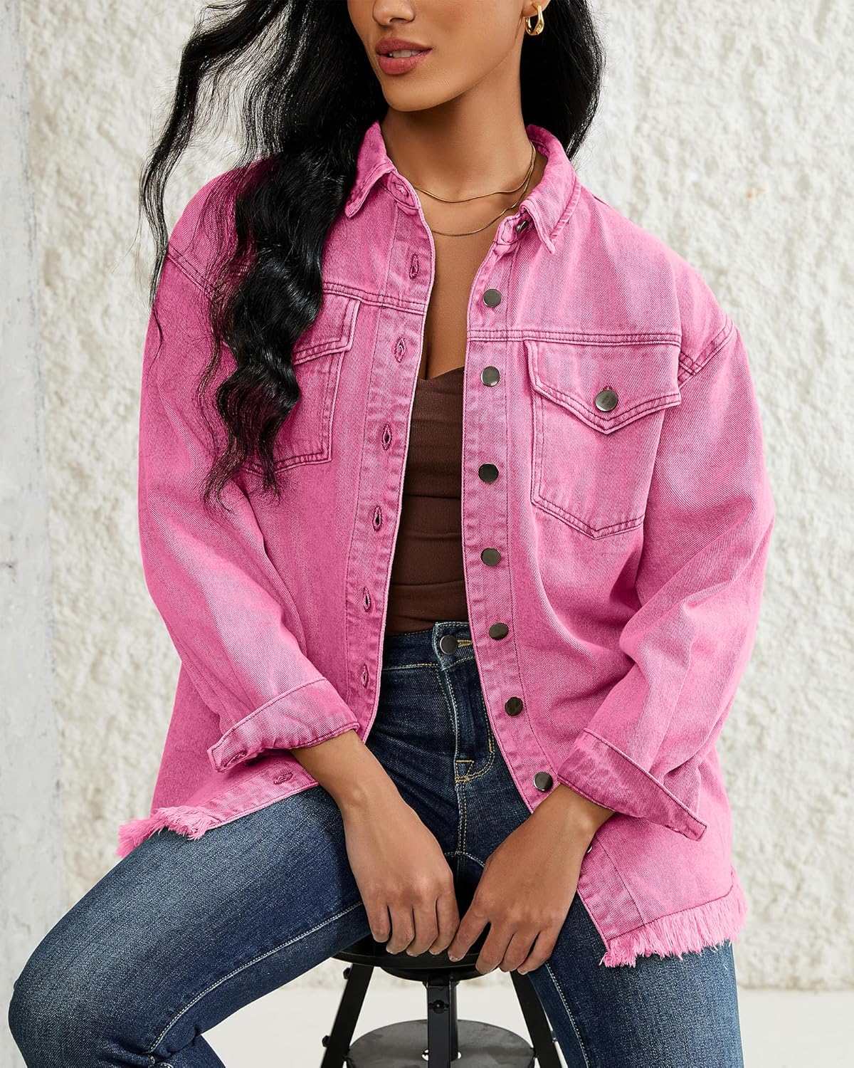 LookbookStore Jean Jacket Women Trendy Oversized Button Down Long Sleeve Frayed Hem Denim Shirt Jackets Distress Shacket - Image 7