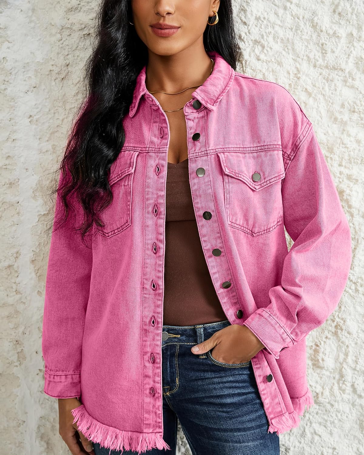 LookbookStore Jean Jacket Women Trendy Oversized Button Down Long Sleeve Frayed Hem Denim Shirt Jackets Distress Shacket - Image 2