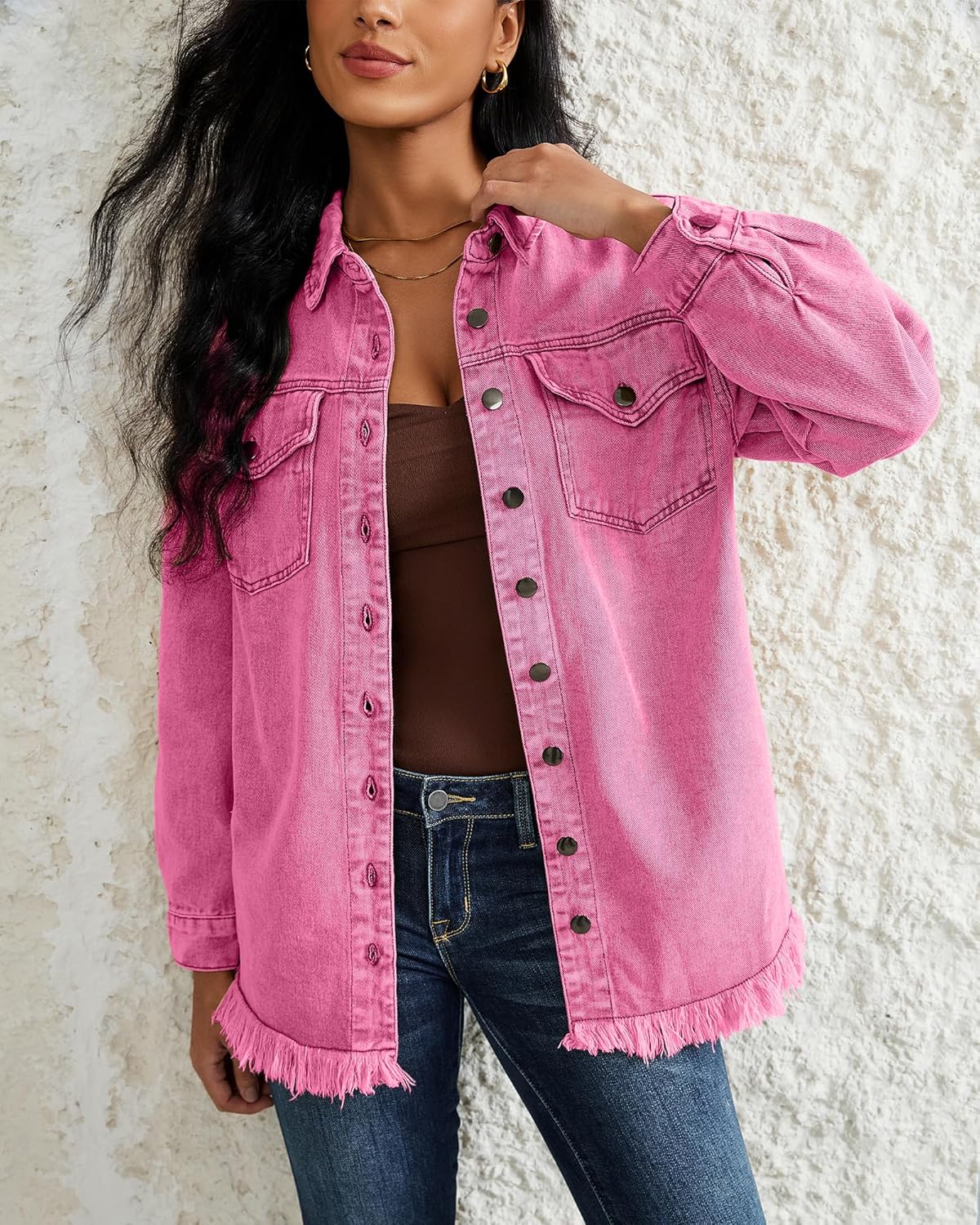 LookbookStore Jean Jacket Women Trendy Oversized Button Down Long Sleeve Frayed Hem Denim Shirt Jackets Distress Shacket - Image 5