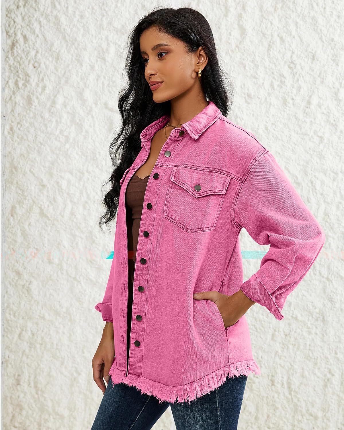 LookbookStore Jean Jacket Women Trendy Oversized Button Down Long Sleeve Frayed Hem Denim Shirt Jackets Distress Shacket - Image 4