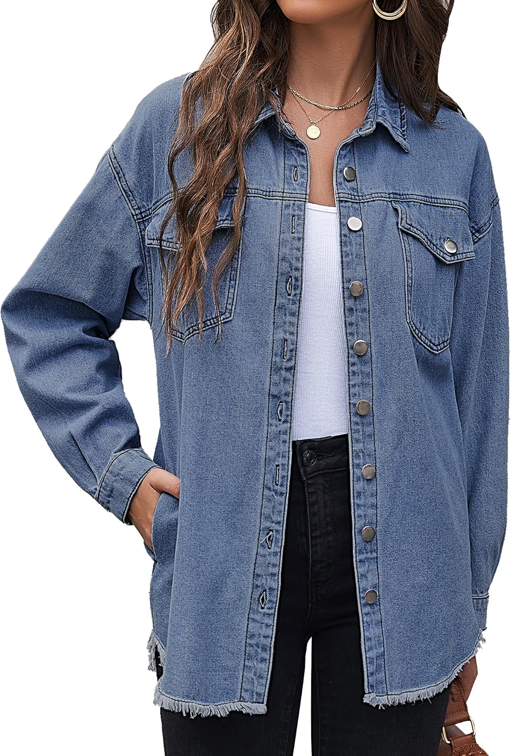LookbookStore Jean Jacket Women Trendy Oversized Button Down Long Sleeve Frayed Hem Denim Shirt Jackets Distress Shacket - Image 11