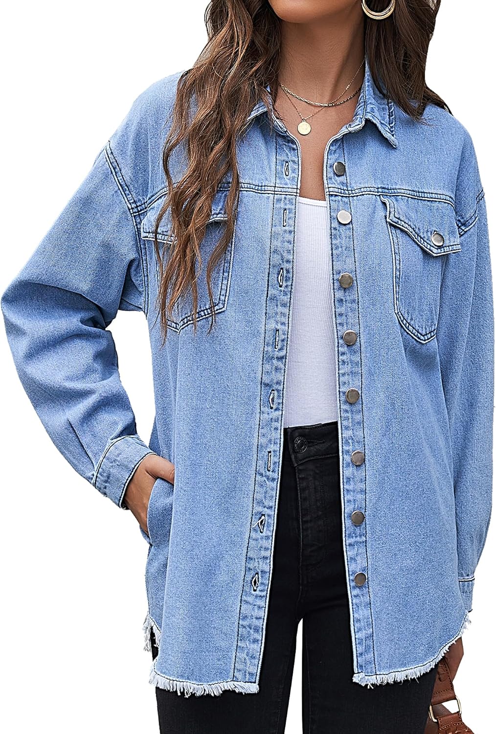 LookbookStore Jean Jacket Women Trendy Oversized Button Down Long Sleeve Frayed Hem Denim Shirt Jackets Distress Shacket - Image 10