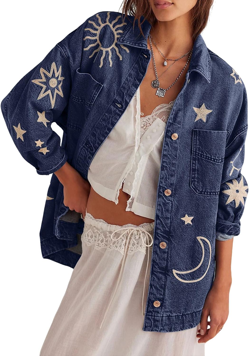 loveimgs Women Retro Boyfriend Embroidered Denim Jacket Button Up Lapel Jean Jacket Shirt Oversized Pocket Baggy Trucker Coat - Image 6