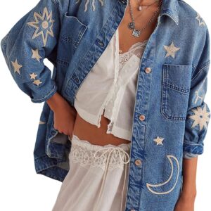 loveimgs Women Retro Boyfriend Embroidered Denim Jacket Button Up Lapel Jean Jacket Shirt Oversized Pocket Baggy Trucker Coat