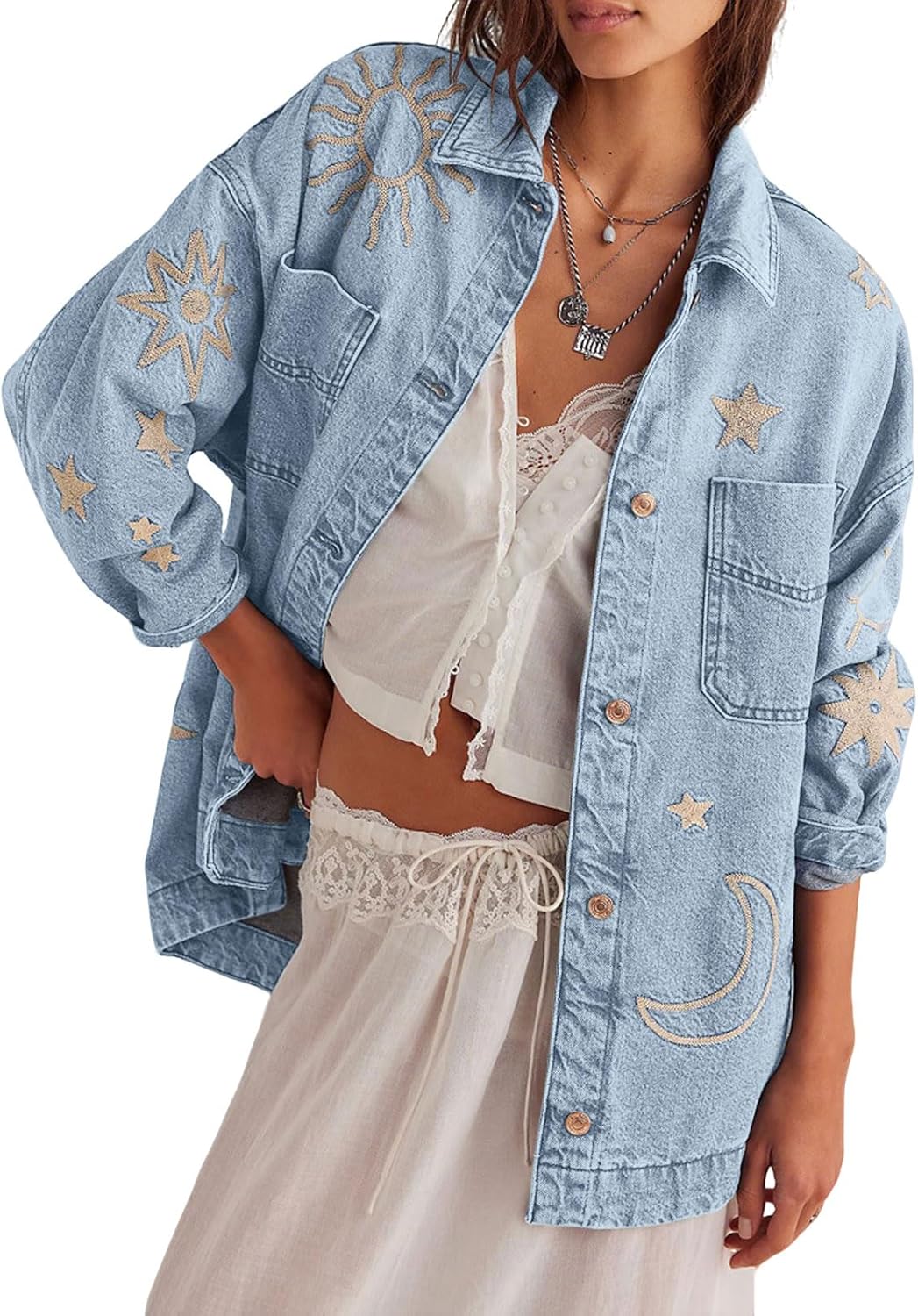 loveimgs Women Retro Boyfriend Embroidered Denim Jacket Button Up Lapel Jean Jacket Shirt Oversized Pocket Baggy Trucker Coat - Image 7