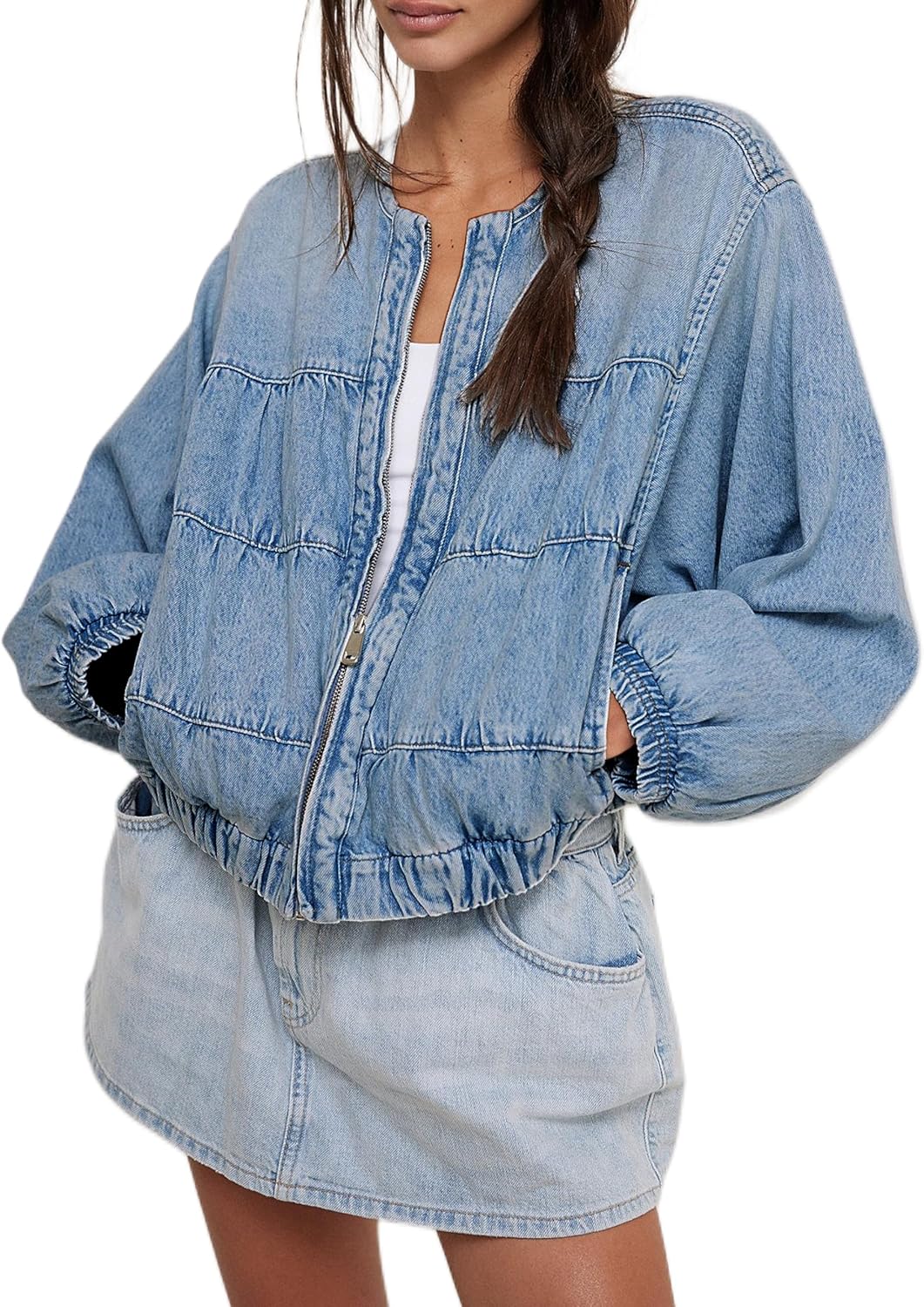 Lumister Womens Cropped Jean Jacket Oversized Zipped Long Sleeves Denim Jacket