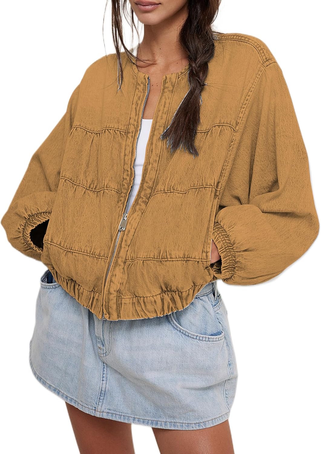 Lumister Womens Cropped Jean Jacket Oversized Zipped Long Sleeves Denim Jacket - Image 12