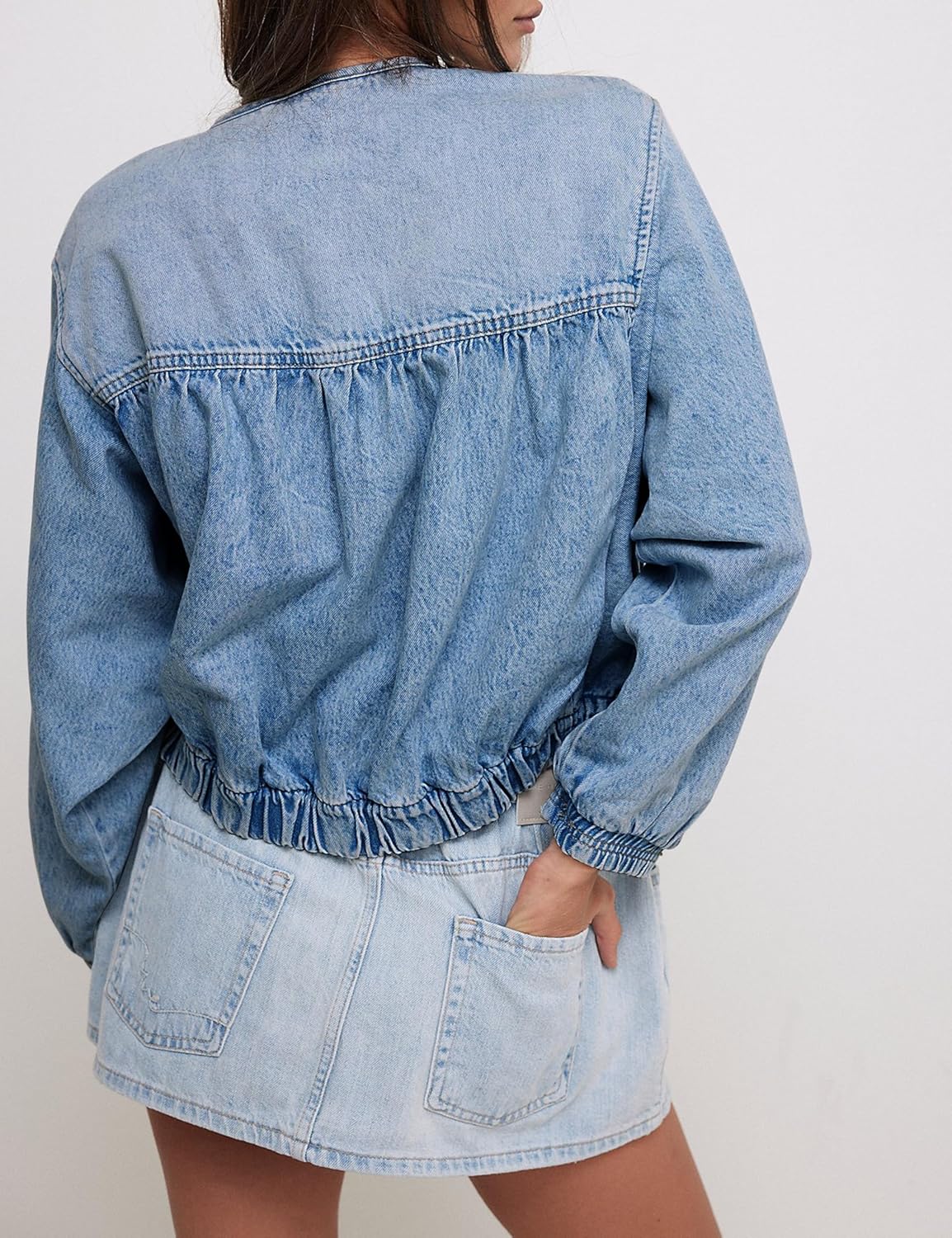 Lumister Womens Cropped Jean Jacket Oversized Zipped Long Sleeves Denim Jacket - Image 4