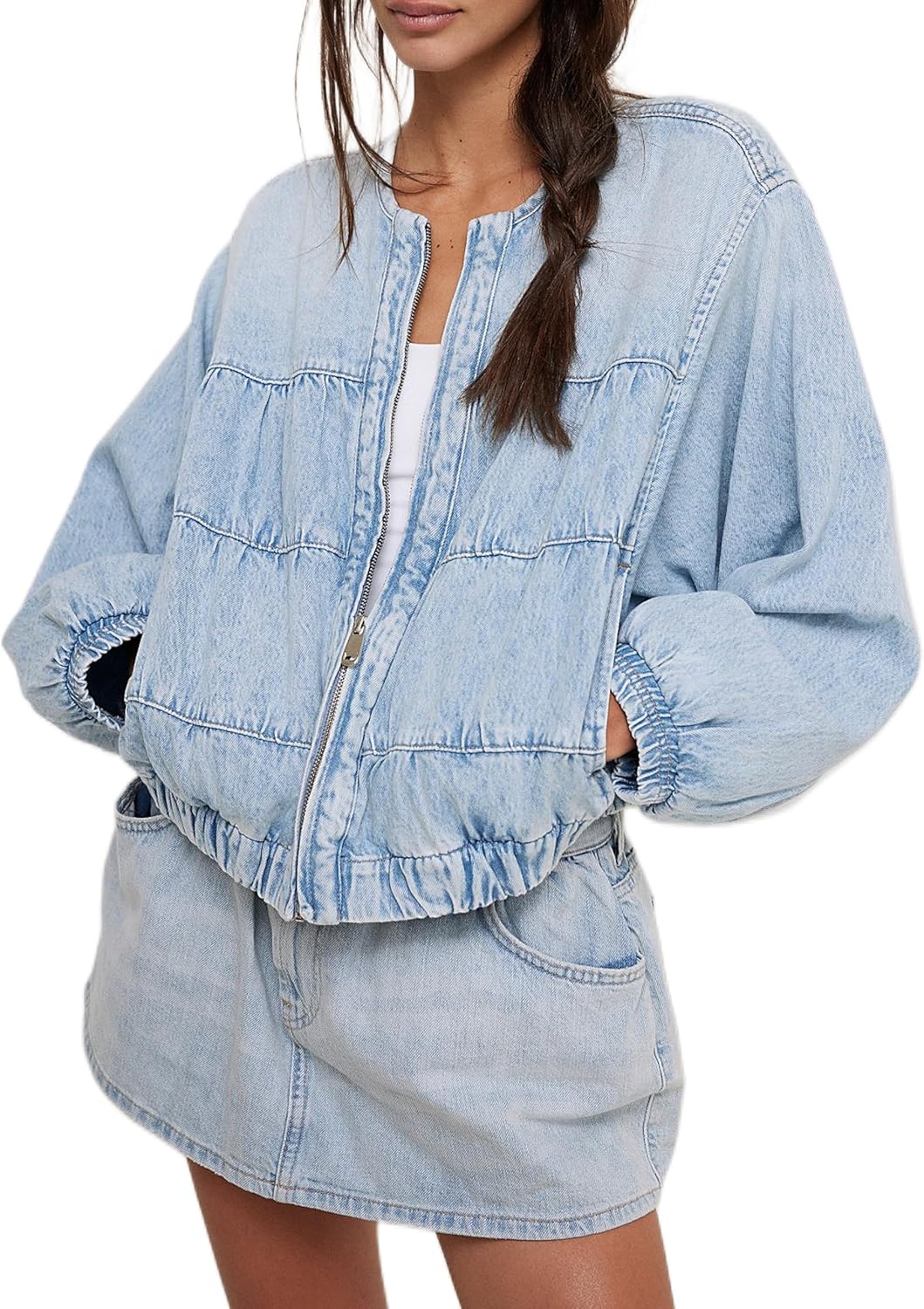 Lumister Womens Cropped Jean Jacket Oversized Zipped Long Sleeves Denim Jacket - Image 10