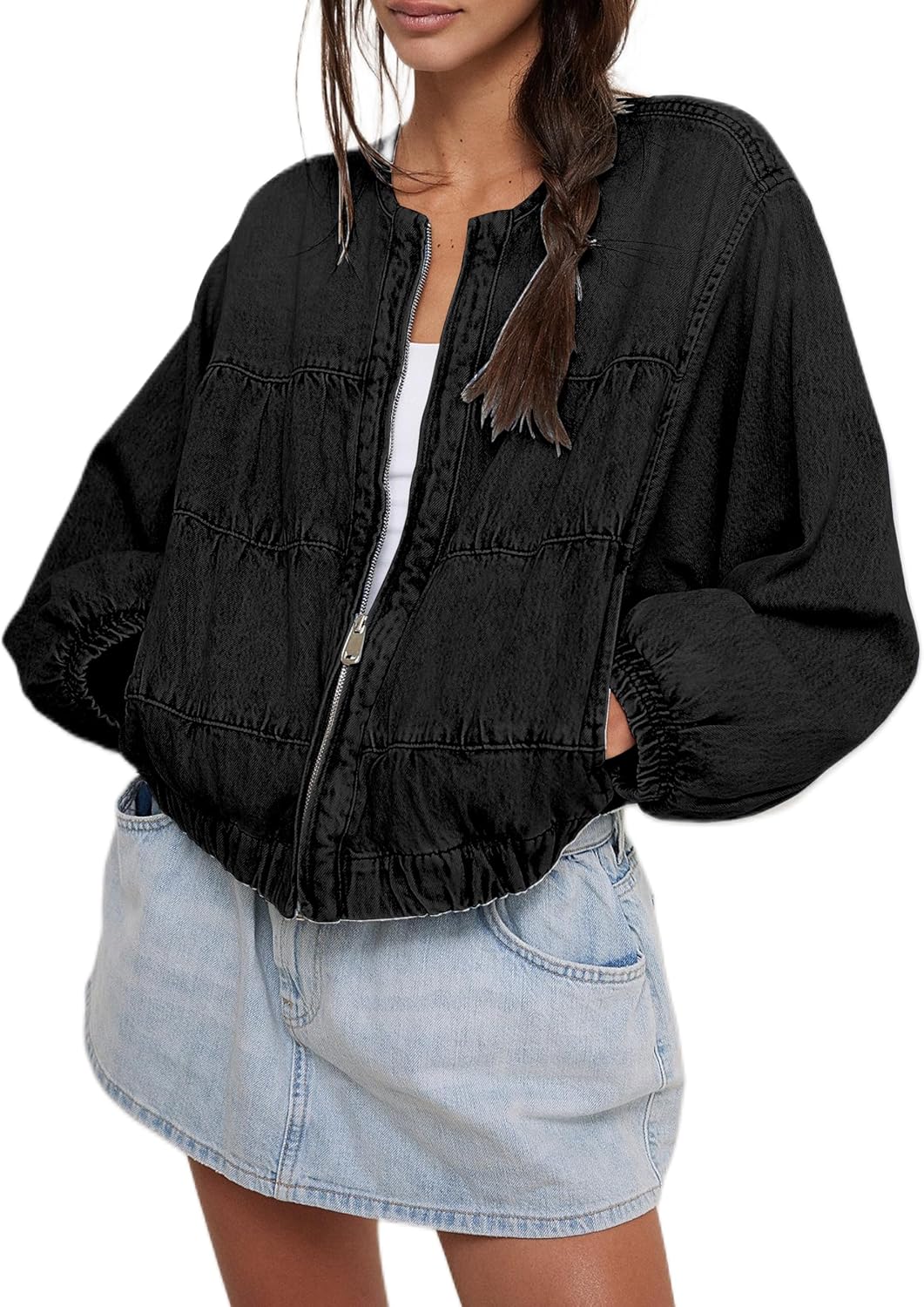 Lumister Womens Cropped Jean Jacket Oversized Zipped Long Sleeves Denim Jacket - Image 11