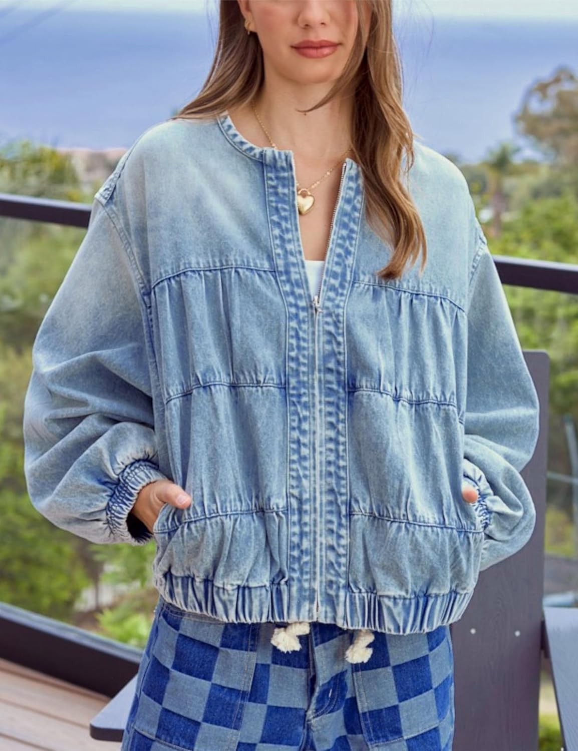 Lumister Womens Cropped Jean Jacket Oversized Zipped Long Sleeves Denim Jacket - Image 6