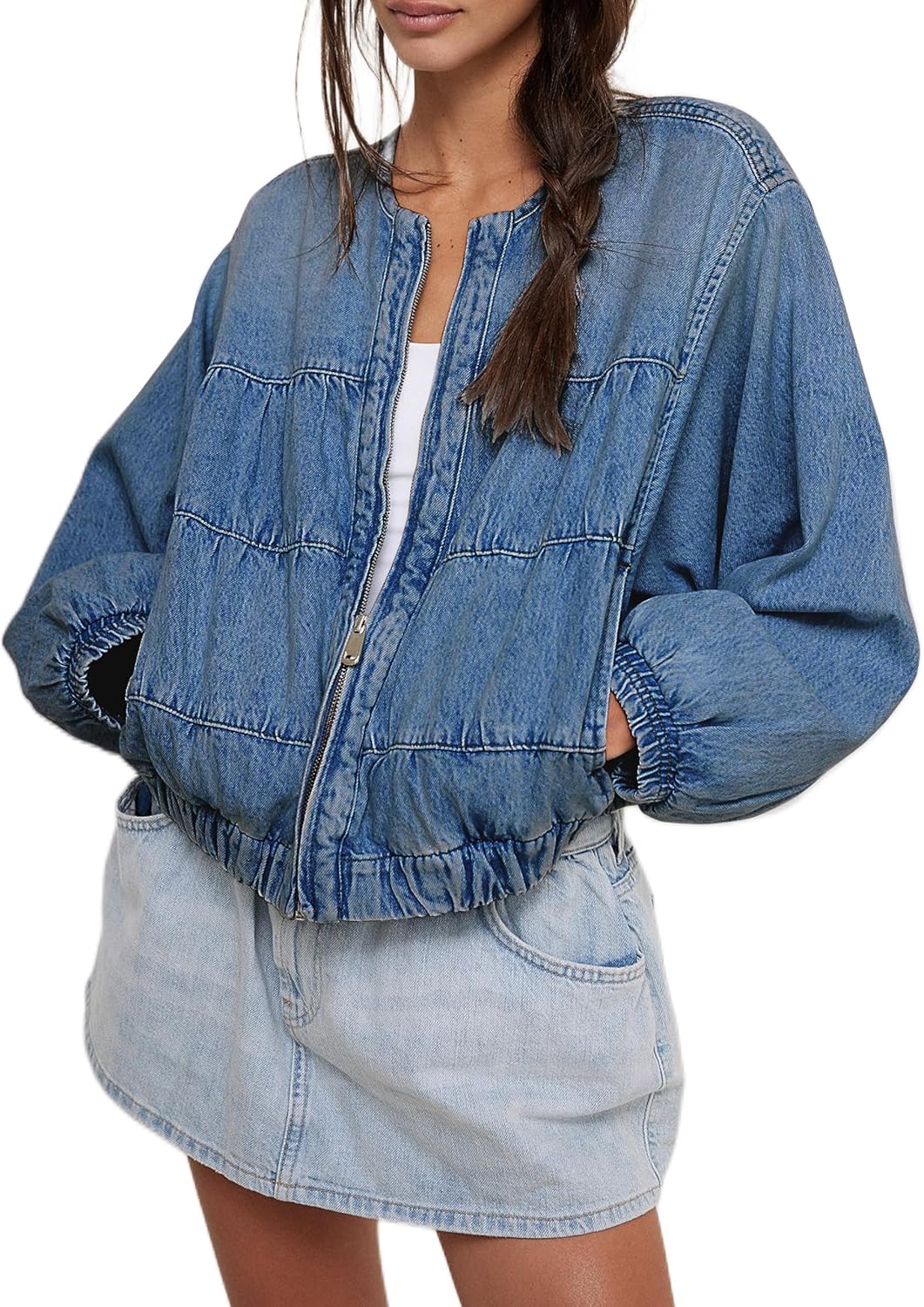 Lumister Womens Cropped Jean Jacket Oversized Zipped Long Sleeves Denim Jacket - Image 9